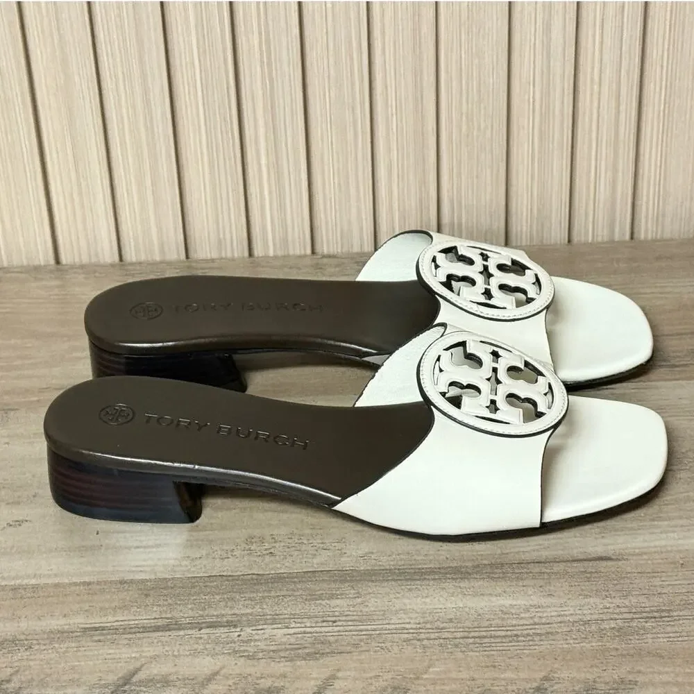 Tory Burch Women’s Bombé Miller Slide Calfskin Leather White 25mm Size 6M